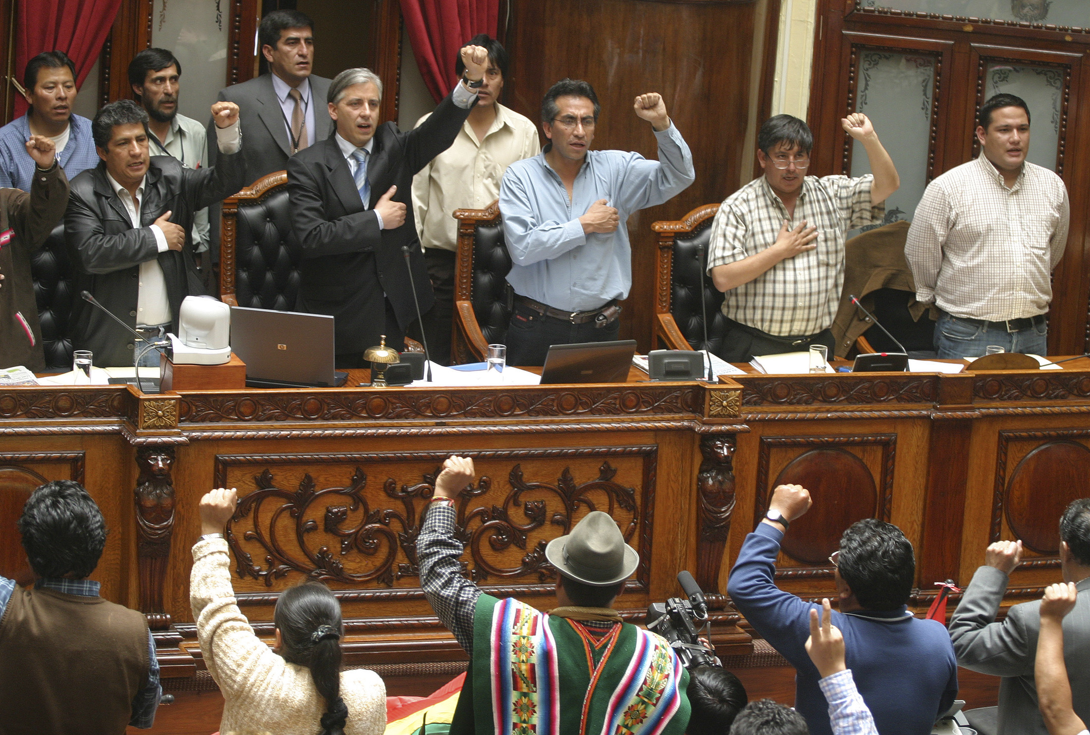 Deputy Novillo, Vice President Linera, Deputy Torrico and Senator Fernandez celebrate the passage of a law in La Paz