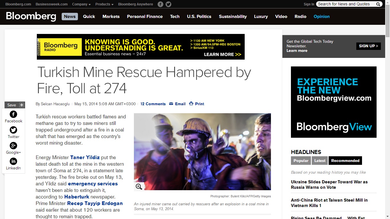 bloomberg-Turkish Mine Rescue Hampered by Fire, Toll at 274