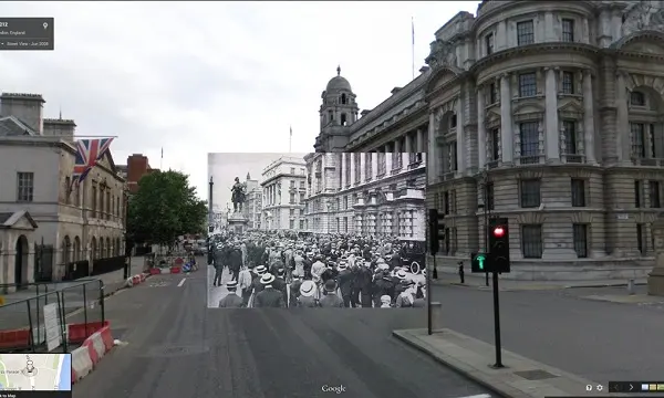 1914 Crowds gather on the outbreak of the conflict outside the War Office in London