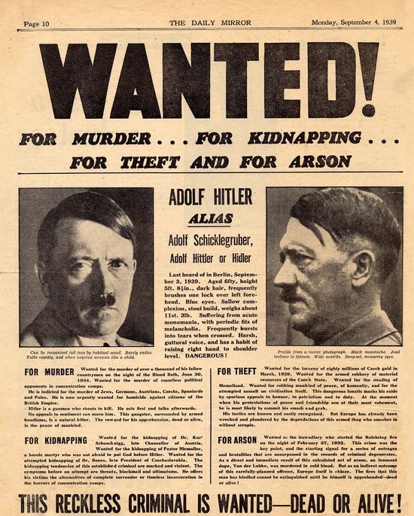Daily Mirror (British) newspaper cover, 4th September 1939