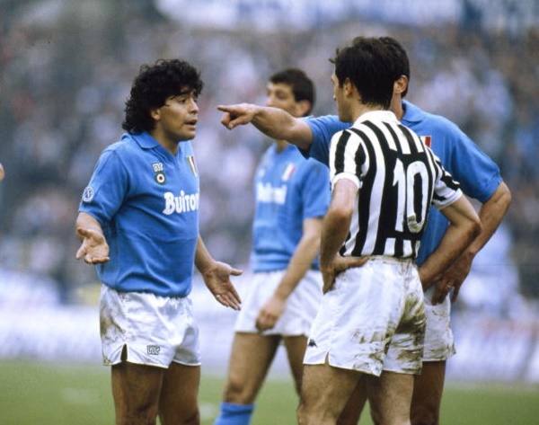 BT Italian League Serie A, pic: 17th April 1988, Juventus 3 v Naples 1, Napoli's Diego Maradona, left, in a dispute with Luigi De Agostini of Juventus, Diego Maradona won 91 Argentina international caps between 1977-1994