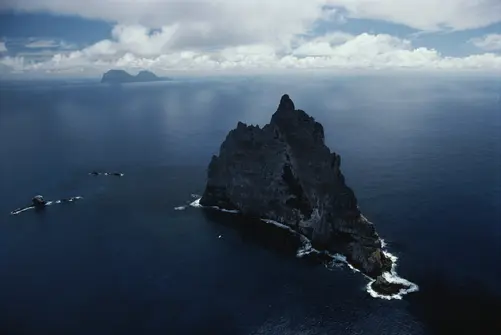 Aerial view of Ball's Pyramid and the surrounding Pacific Ocean.
