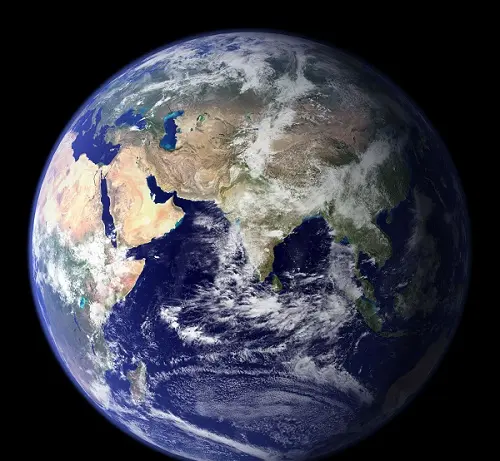 Credit NASA Goddard Space Flight Center Image by Reto Stöckli (land surface, shallow water, clouds). Enhancements by Robert Simmon (ocean color, compositing, 3D globes, animation). Data and technical support: MODIS Land Group; MODIS Science Data Support Team; MODIS Atmosphere Group; MODIS Ocean Group Additional data: USGS EROS Data Center (topography); USGS Terrestrial Remote Sensing Flagstaff Field Center (Antarctica); Defense Meteorological Satellite Program (city lights). This spectacular “blue marble” image is the most detailed true-color image of the entire Earth to date. Using a collection of satellite-based observations, scientists and visualizers stitched together months of observations of the land surface, oceans, sea ice, and clouds into a seamless, true-color mosaic of every square kilometer (.386 square mile) of our planet. These images are freely available to educators, scientists, museums, and the public. This record includes preview images and links to full resolution versions up to 21,600 pixels across. Much of the information contained in this image came from a single remote-sensing device-NASA’s Moderate Resolution Imaging Spectroradiometer, or MODIS. Flying over 700 km above the Earth onboard the Terra satellite, MODIS provides an integrated tool for observing a variety of terrestrial, oceanic, and atmospheric features of the Earth. The land and coastal ocean portions of these images are based on surface observations collected from June through September 2001 and combined, or composited, every eight days to compensate for clouds that might block the sensor’s view of the surface on any single day. Two different types of ocean data were used in these images: shallow water true color data, and global ocean color (or chlorophyll) data. Topographic shading is based on the GTOPO 30 elevation dataset compiled by the U.S. Geological Survey’s EROS Data Center. MODIS observations of polar sea ice were combined with observations of Antarctica made by the National Oceanic and Atmospheric Administration’s AVHRR sensor—the Advanced Very High Resolution Radiometer. The cloud image is a composite of two days of imagery collected in visible light wavelengths and a third day of thermal infra-red imagery over the poles. Global city lights, derived from 9 months of observations from the Defense Meteorological Satellite Program, are superimposed on a darkened land surface map.