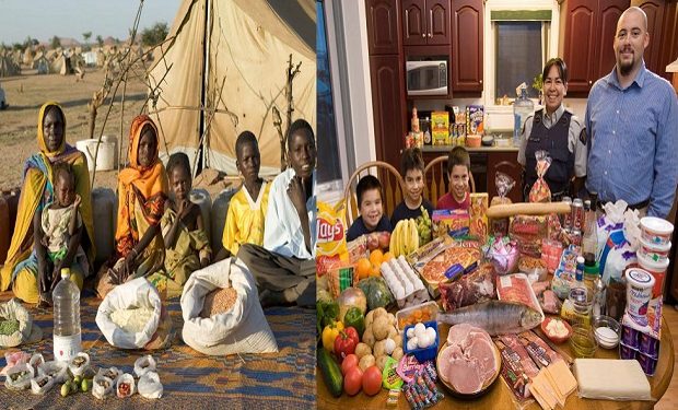 CHA104.0001.xxf1rw (MODEL RELEASED IMAGE)
The Aboubakar family of Darfur province, Sudan, in front of their tent in the Breidjing Refugee Camp, in eastern Chad, with a week’s worth of food. D’jimia Ishakh Souleymane, 40, holds her daughter Hawa, 2; the other children are (left to right) Acha, 12, Mariam, 5, Youssouf, 8, and Abdel Kerim, 16. Cooking method: wood fire. Food preservation: natural drying. Favorite food—D’jimia: soup with fresh sheep meat. /// The Aboubakar family is one of the thirty families featured in the book Hungry Planet: What the World Eats (p. 56). Food expenditure for one week: $1.23 USD. (Please refer to Hungry Planet book p. 57 for the family’s detailed food list.)