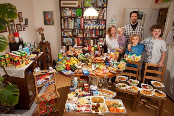 The Sturm Family of Hamburg, Germany. Astrid Hollmann, 38, and Michael Sturm, 38, and their three children Lenard, 12, Malte Erik, 10, and Lillith, 2.5, with their typical week’s worth of food in June. ONE WEEK’S FOOD IN JUNE Food Expenditure for One Week: € 253.29 ($325.81 USD) Model Released.