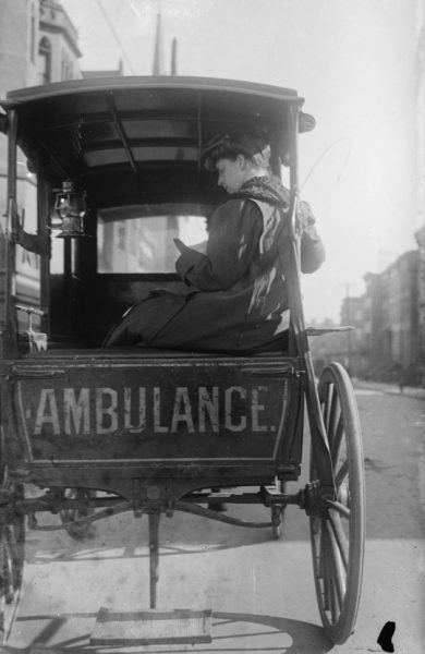 UNITED STATES - CIRCA 1911: Dr. Elizabeth Bruyn sits in the rear of her Horse Drawn Ambulance (Photo by Buyenlarge/Getty Images)