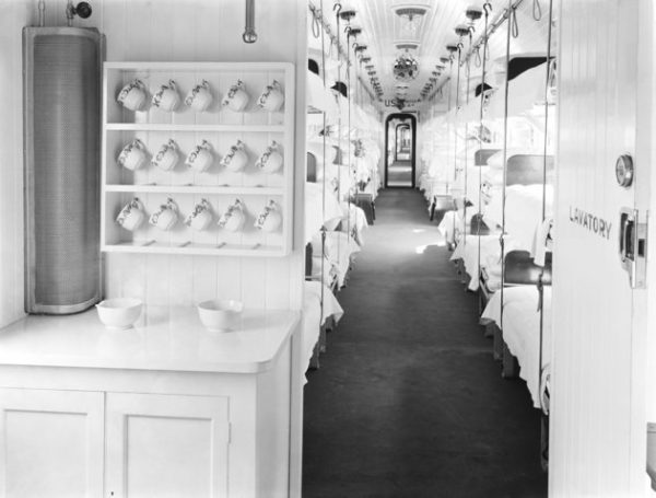 UNITED KINGDOM : Interior view of a ward car with three tiers of bunk beds. Ambulance trains were used during the First World War in France and Belgium to transport wounded or sick soldiers to hospital. This train was on display in several stations in Lancashire and Yorkshire before being taken to the Western Front. (Photo by SSPL/Getty Images)