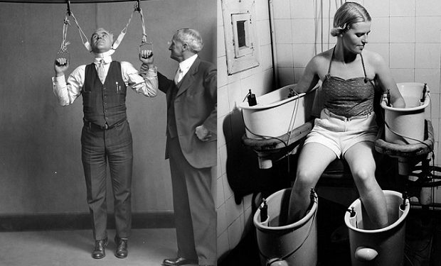 Post Office Department Inspector DF Angier (left) and Dr LF Kebler, formerly of the Food & Drug Adminstration, are trying out a stretching device alleged to effect an increase in height from 2 to 6 inches, Washington DC, February 4, 1931. (Photo by PhotoQuest/Getty Images)