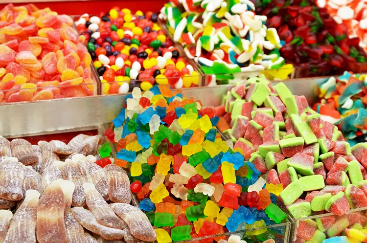 colorful candies on market stand