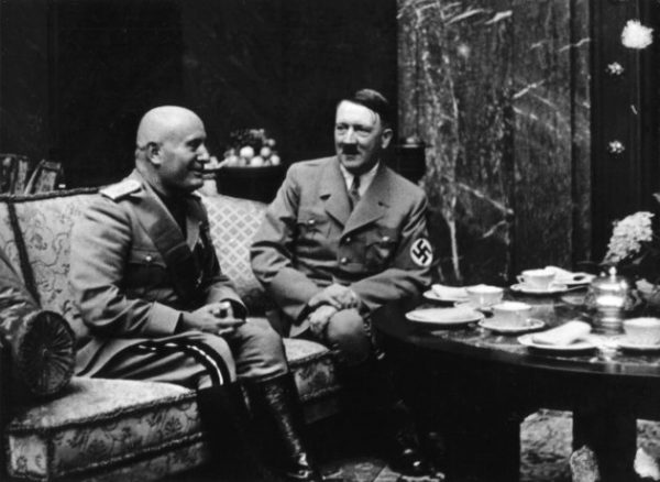 1937, Munich. Mussolini and Hitler at tea time