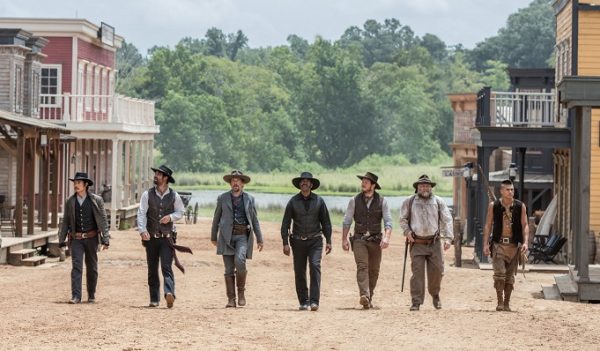 (l to r) Byung-hun Lee, Manuel Garcia-Rulfo, Ethan Hawke, Denzel Washington, Chris Pratt, Vincent D'Onofrio and Martin Sensmeier in Metro-Goldwyn-Mayer Pictures and Columbia Pictures' THE MAGNIFICENT SEVEN.