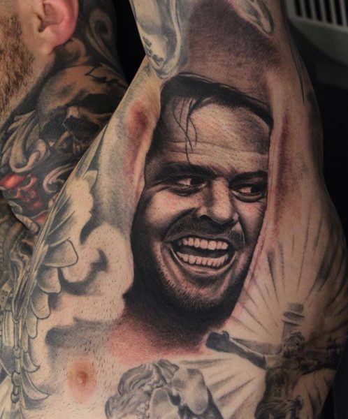 Grey-Ink-Portrait-Tattoo-On-Left-Armpit