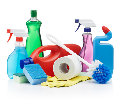 variety of cleaning products on white background