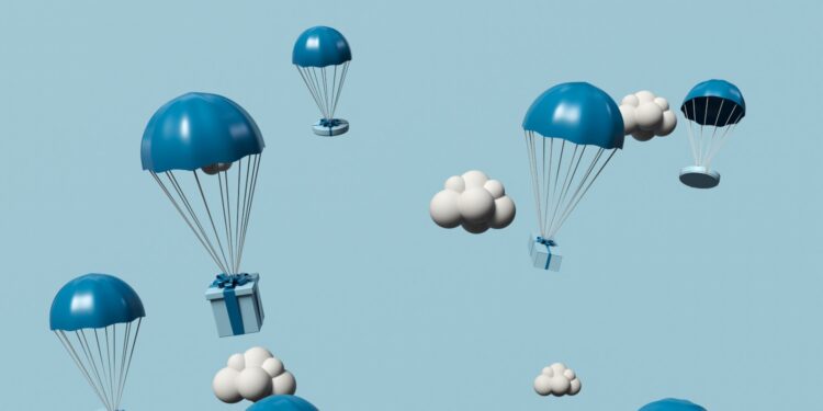 3D Illustration. Gift boxes flying in the sky with parachutes. Online shopping and delivery service concept.